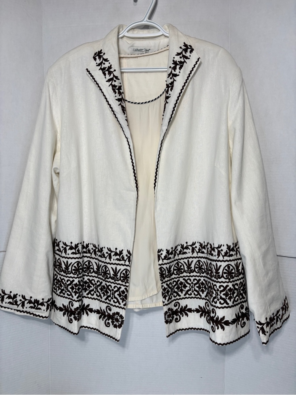 Coldwater Creek Off-White Open Jacket with Embroidery & Silk Tank FLAWED